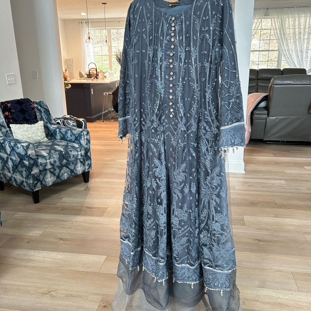 Elegant Pakistani Indian Gray Embroidered Dress